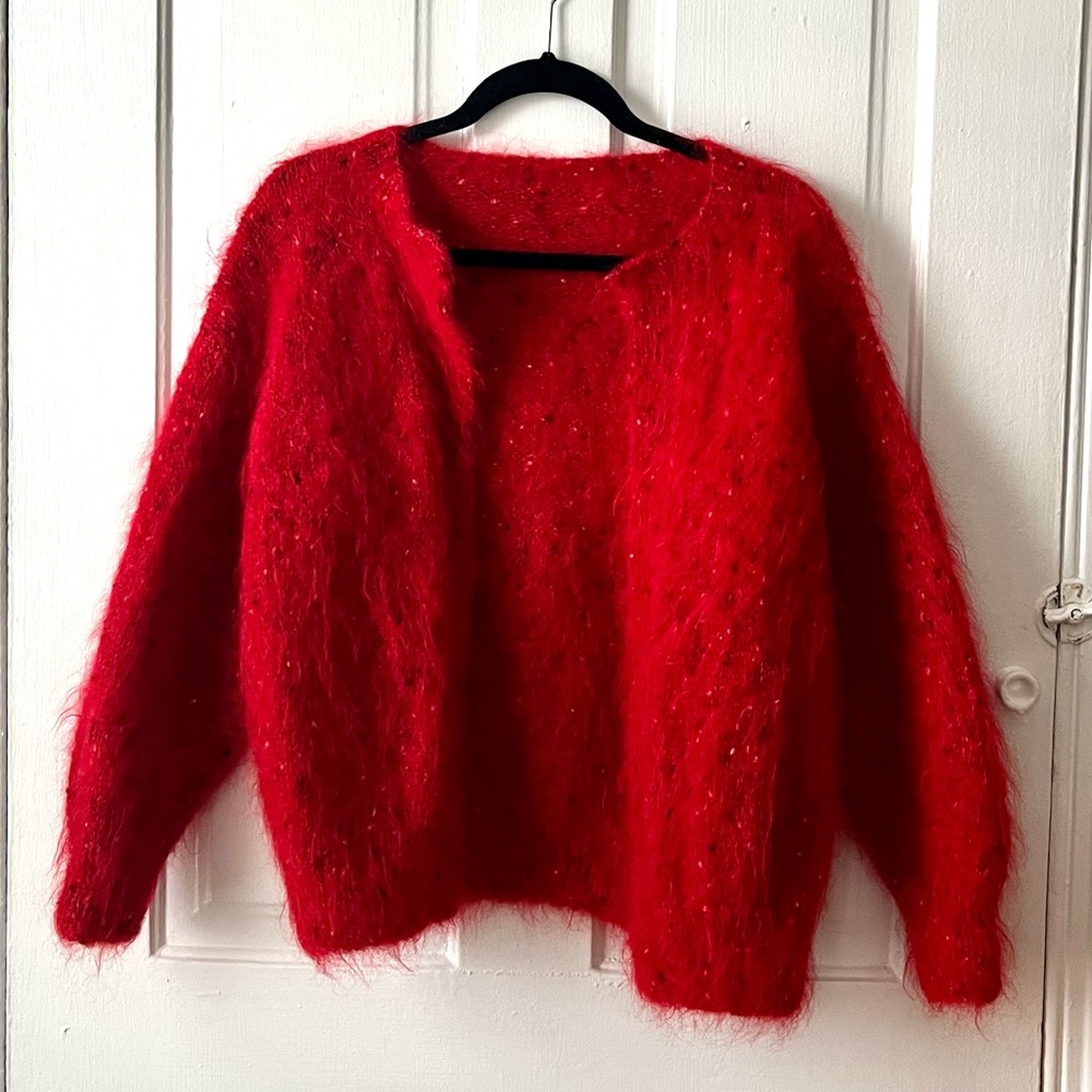 Vintage Handmade Red Wool Open Cardigan Sweater